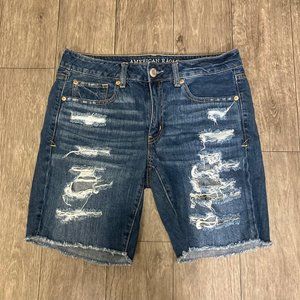 American Eagle Womens Tomgirl High Rise Bermuda Shorts 6 Dark Wash Distressed